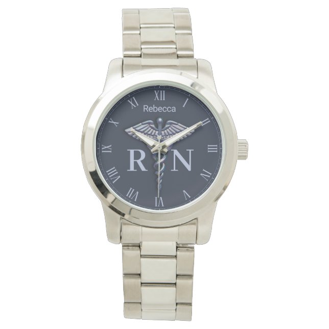 Chrome Medical Caduceus Dark Registered Nurse RN Watch (Front)