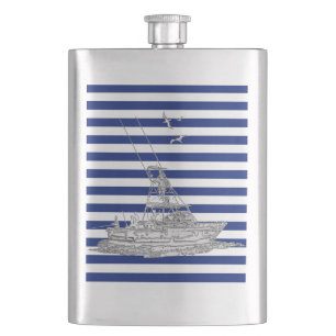 Chrome Mermaid on Navy Stripes Print Hip Flask