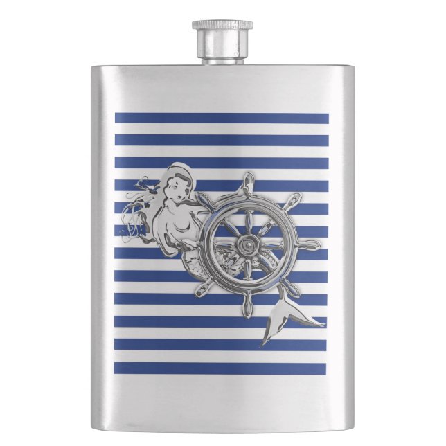 Chrome Mermaid on Navy Stripes Print Hip Flask (Front)