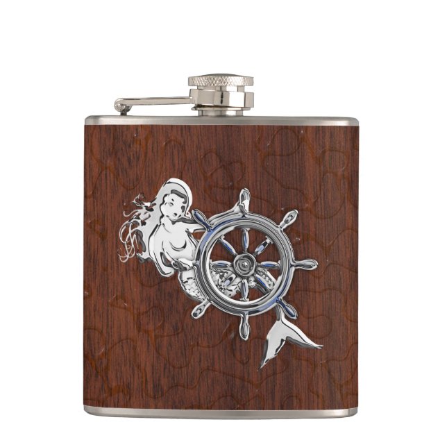 Chrome Mermaid on Wet Mahogany Print Hip Flask (Front)