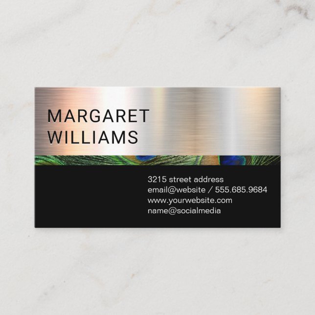 Chrome Metallic | Black | Peacock Pattern Business Card (Front)