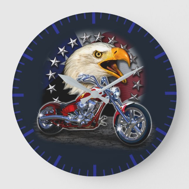 Chrome Motorcycle Chopper Patriotic Eagle USA Flag Large Clock (Front)