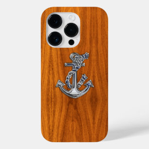 Chrome Nautical Anchor on Teak Wood Case-Mate iPhone 14 Pro Case