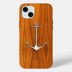 Chrome Nautical Anchor on Teak Wood iPhone 15 Mini Case