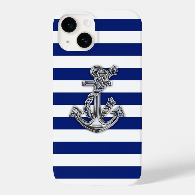 Chrome Nautical Anchor Print on Navy Stripes Case-Mate iPhone Case (Back)