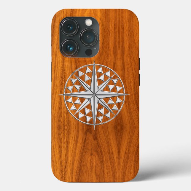 Chrome Nautical Compass on Teak Veneer Print Case-Mate iPhone Case (Back)