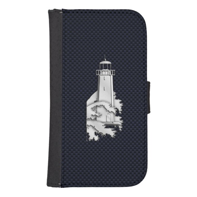Chrome Nautical Lighthouse Print Navy Carbon Fibre Samsung Galaxy Wallet Case (Front)
