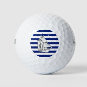 Chrome Nautical Sail Boat Print on Navy Stripes Golf Balls