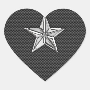 Chrome Nautical Star on Carbon Fibre Heart Sticker