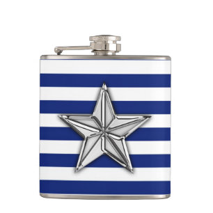 Chrome Nautical Star on Navy Stripes Hip Flask