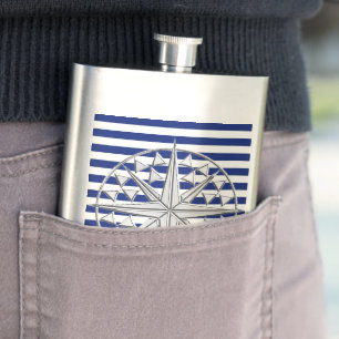 Chrome Nautical Star on Navy Stripes Print Hip Flask