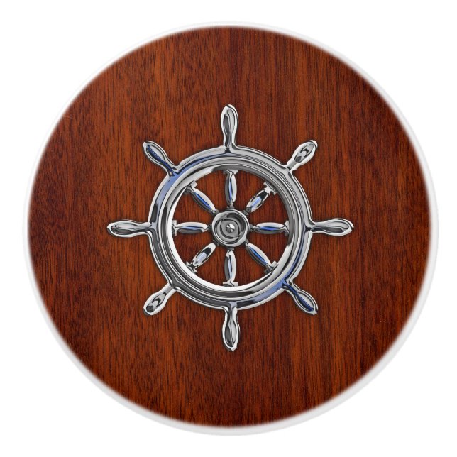 Chrome Nautical Wheel Mahogany Grain Print Ceramic Knob (Front)