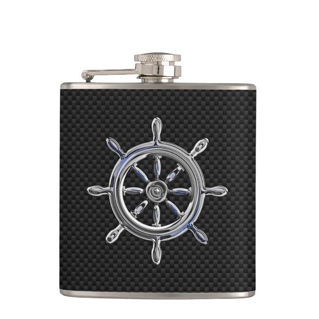 Chrome Nautical Wheel on Carbon Fiber Print Hip Flask (Front)