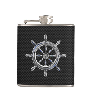 Chrome Nautical Wheel on Carbon Fibre Print Hip Flask