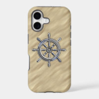 Chrome Nautical Wheel on Sandy Beach Print