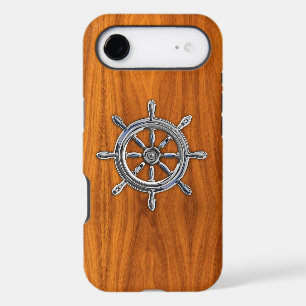 Chrome Nautical Wheel on Teak Veneer Print