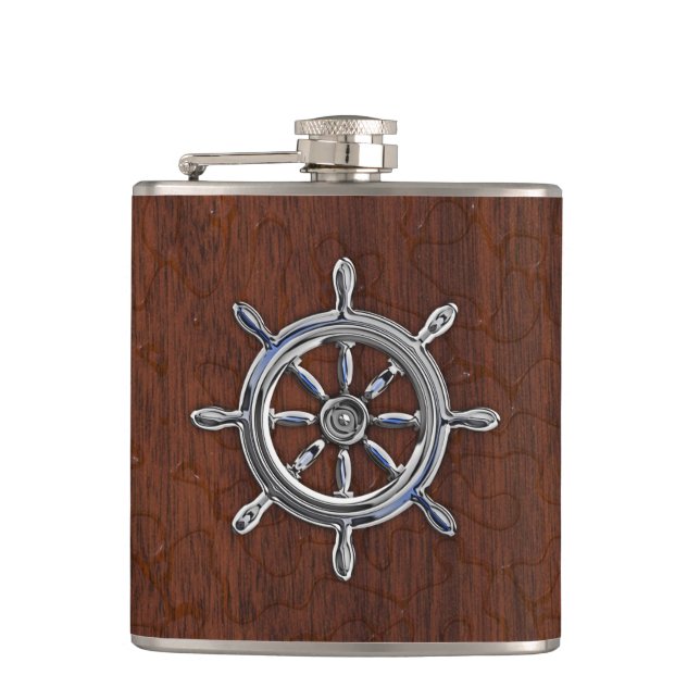 Chrome Nautical Wheel on Wet Mahogany Print Hip Flask (Front)