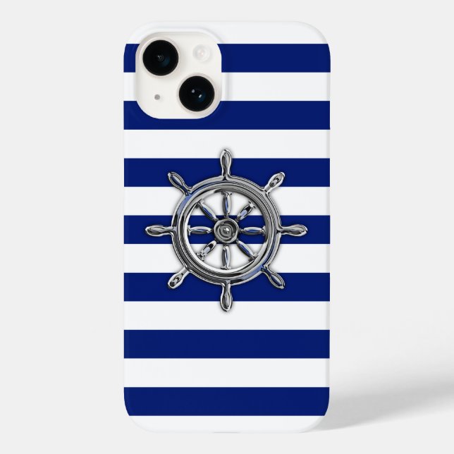 Chrome Nautical Wheel Print on Navy Stripes Case-Mate iPhone Case (Back)