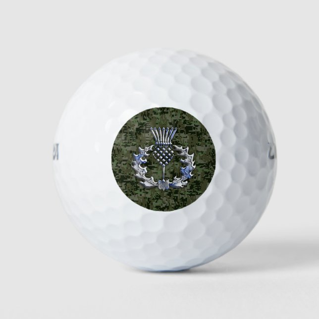 Chrome on Camo Print Scottish Thistle Golf Balls (Front)