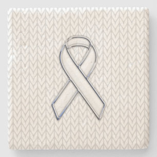Chrome on White Chevrons Ribbon Awareness Print Stone Coaster