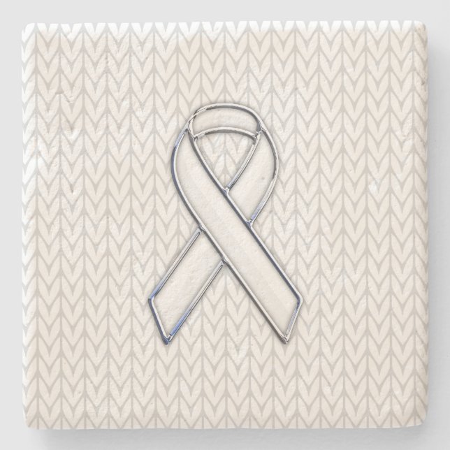 Chrome on White Chevrons Ribbon Awareness Print Stone Coaster (Front)