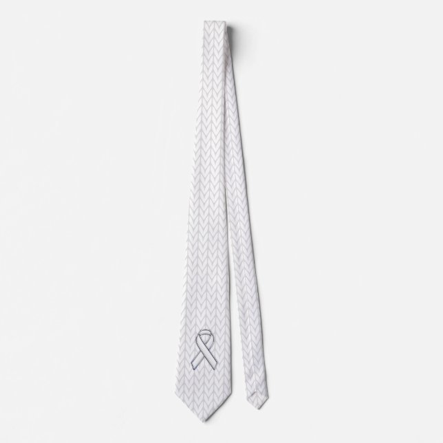 Chrome on White Knit Ribbon Awareness Print Tie (Front)