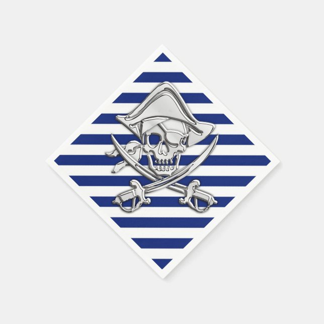 Chrome Pirate Nautical on Navy Stripes Print Napkin (Corner)