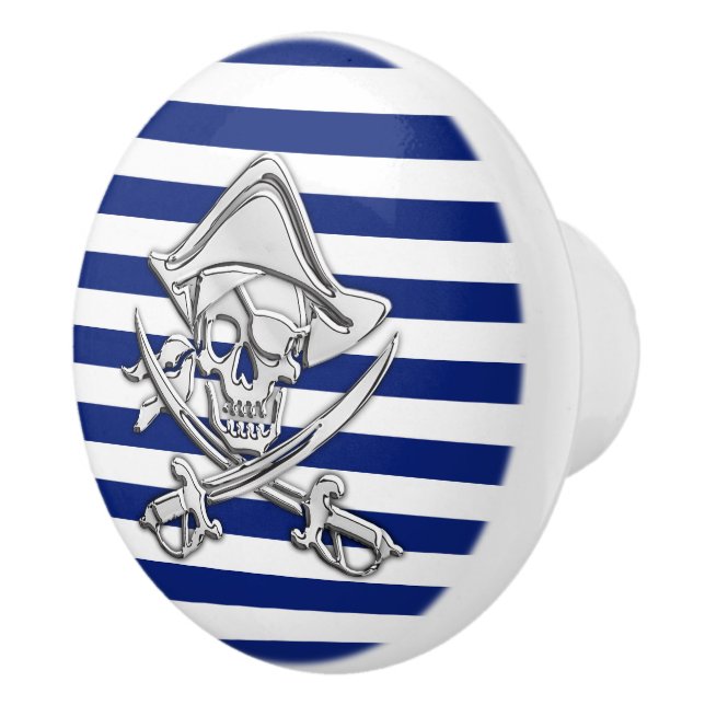 Chrome Pirate on Nautical Navy Blue Stripes Print Ceramic Knob (Right)