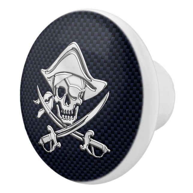 Chrome Pirate on Nautical Navy Carbon Fibre Print Ceramic Knob (Right)