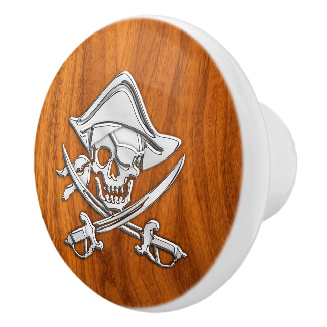 Chrome Pirate on Nautical Teak Wood Grain Print Ceramic Knob (Right)