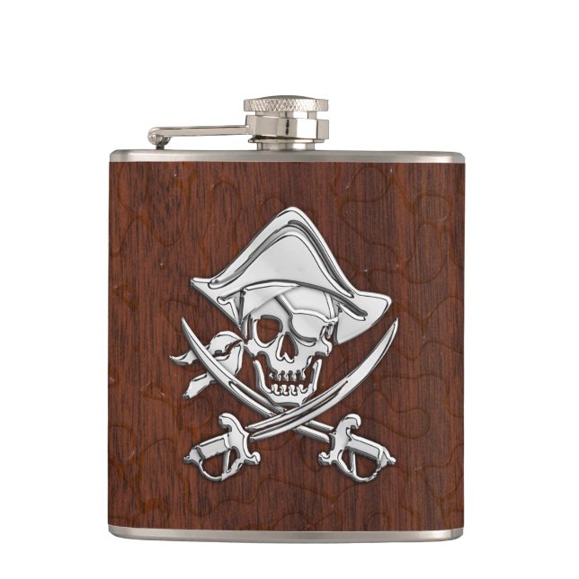 Chrome Pirate on Wet Mahogany Print Hip Flask (Front)