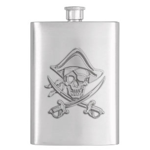 Chrome Pirate Skull Nautical Print Hip Flask