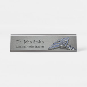 Chrome Profession Medical Caduceus Desk Name Plate