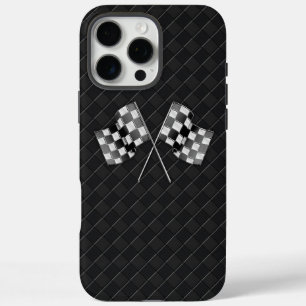 Chrome Racing Flags on Chequered Leather iPhone 16 Pro Max Case
