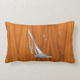 Chrome Regatta Sailboat on Teak Veneer Styles Lumbar Pillow