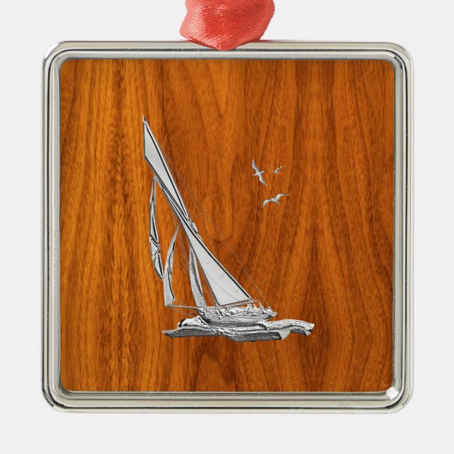 Chrome Regatta Sailboat on Teak Veneer Styles Metal Ornament (Front)