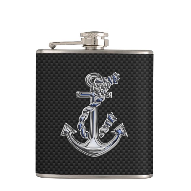 Chrome Rope Anchor on Carbon Fibre Print Hip Flask (Front)