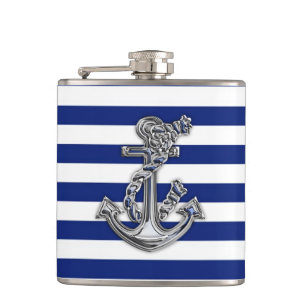 Chrome Rope Anchor on Navy Stripes Hip Flask