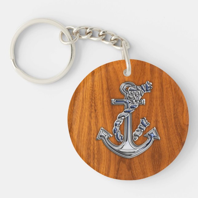 Chrome Rope Anchor on Teak Veneer Keychain (Front)