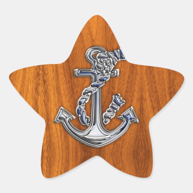 Chrome Rope Anchor on Teak Veneer Star Sticker (Front)