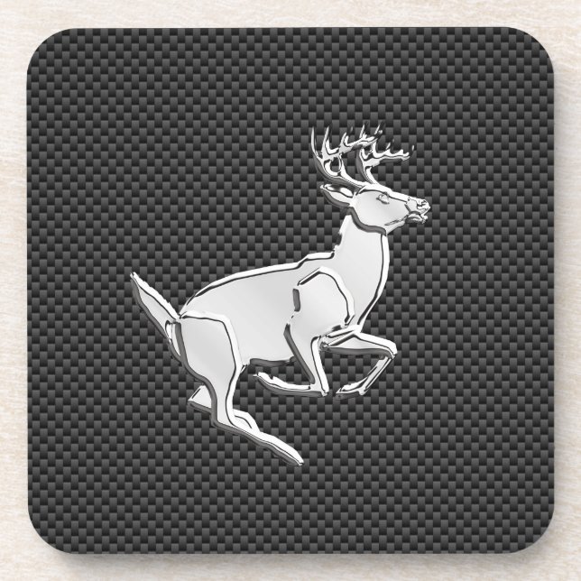 Chrome Running Deer on Carbon Fibre Decor Coaster (Front)