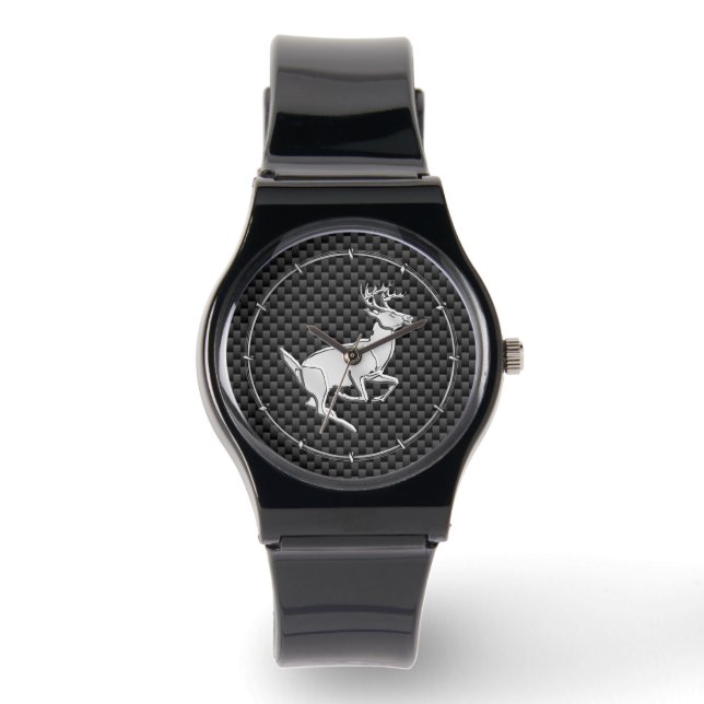 Chrome Running Deer on Carbon Fibre Print Watch (Front)