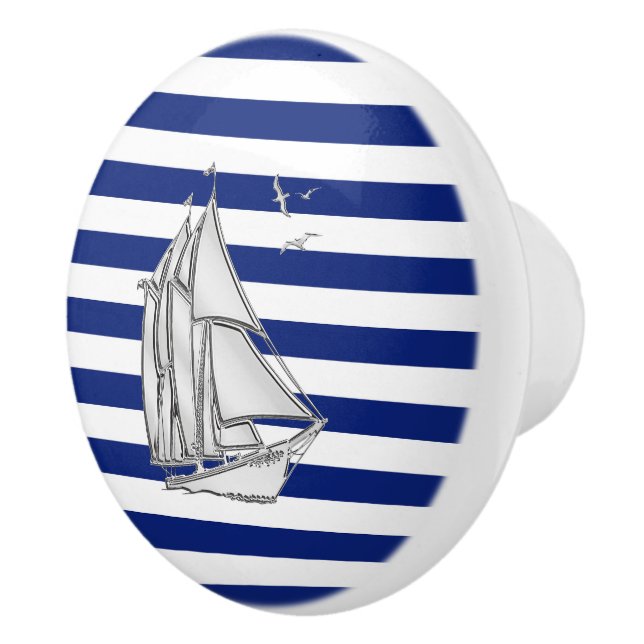 Chrome Sailboat on Nautical Navy Stripes Print Ceramic Knob (Right)