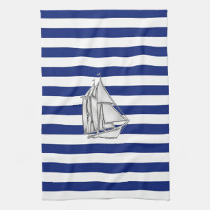 Chrome Sailboat on Nautical Stripes Kitchen Towel