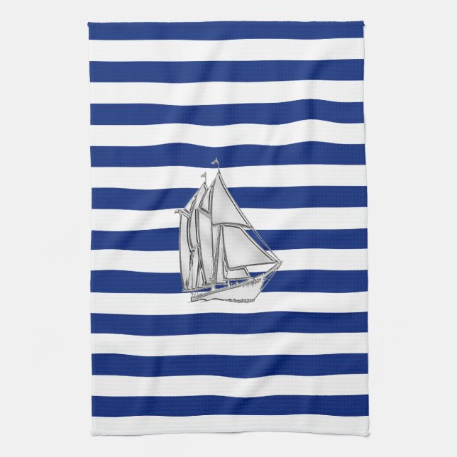Chrome Sailboat on Nautical Stripes Kitchen Towel (Vertical)
