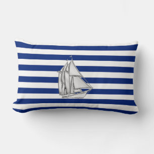 Chrome Sailboat on Nautical Stripes Lumbar Pillow