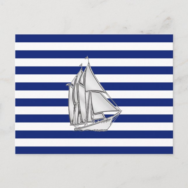 Chrome Sailboat on Nautical Stripes Postcard (Front)