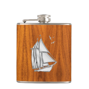 Chrome Sailboat on Teak Print Hip Flask