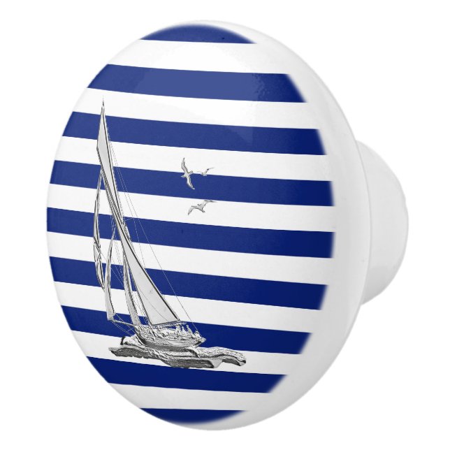 Chrome Sailing on Nautical Navy Blue Stripes Print Ceramic Knob (Right)