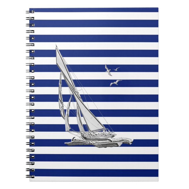 Chrome Sailing on Nautical Stripes Notebook (Front)
